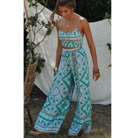 Boho Mint cami crop top wide leg Print Pants Set - Picture 4 of 6